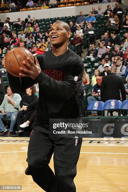 Cristiano Felicio of the Chicago Bulls warms up before the game against the Indiana Pacers on March 29, 2016 at Bankers Life Fieldhouse in...