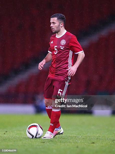 Riza Durmisi of Denmark controls the ball during the International Friendly match between Scotland and Denmark at Hampden Park on March 29, 2016 in...