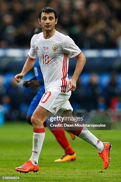 Alan Dzagoev of Russia in action during the International Friendly match between France and Russia held at Stade de France on March 29, 2016 in...