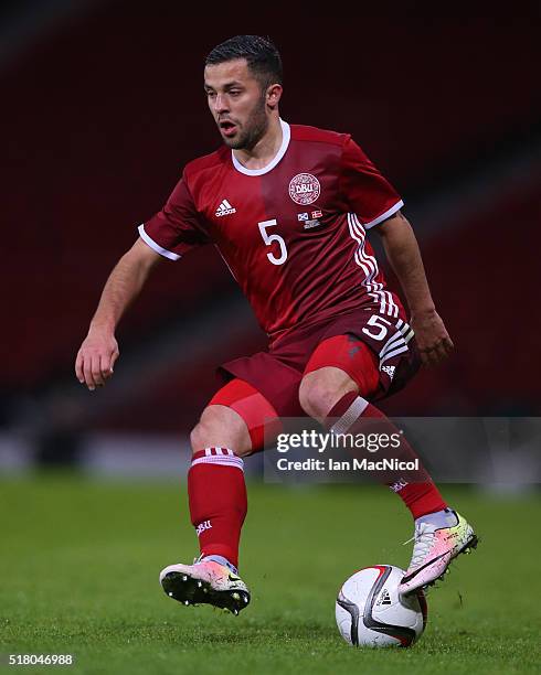 Riza Durmisi of Denmark controls the ball during the International Friendly match between Scotland and Denmark at Hampden Park on March 29, 2016 in...