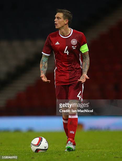 Daniel Agger of Denmark controls the ball during the International Friendly match between Scotland and Denmark at Hampden Park on March 29, 2016 in...