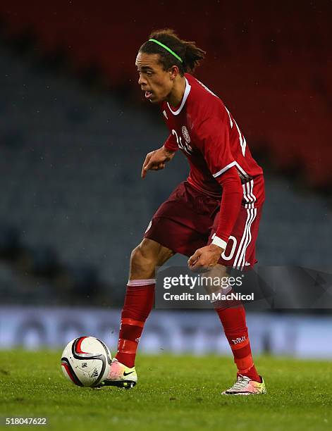 Yussuf Yurary Poulsen of Denmark controls the ball during the International Friendly match between Scotland and Denmark at Hampden Park on March 29,...