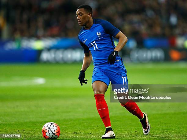 Anthony Martial of France in action during the International Friendly match between France and Russia held at Stade de France on March 29, 2016 in...