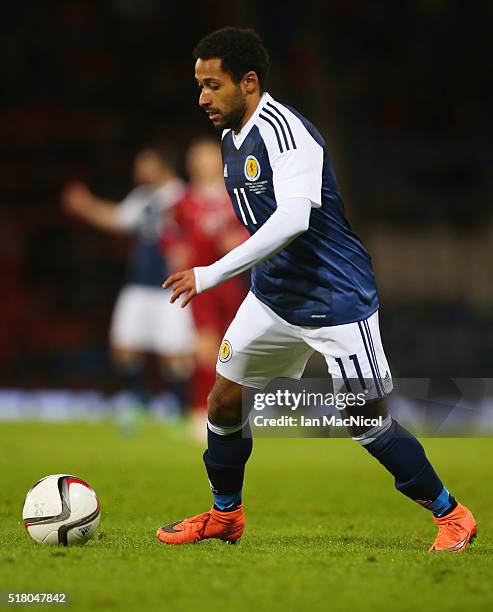 Ikechi Anya of Scotland controls the ball during the International Friendly match between Scotland and Denmark at Hampden Park on March 29, 2016 in...