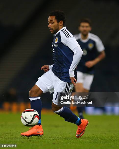 Ikechi Anya of Scotland controls the ball during the International Friendly match between Scotland and Denmark at Hampden Park on March 29, 2016 in...