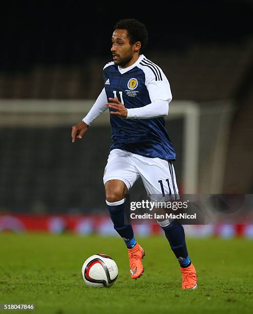 Ikechi Anya of Scotland controls the ball during the International Friendly match between Scotland and Denmark at Hampden Park on March 29, 2016 in...