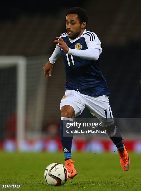 Ikechi Anya of Scotland controls the ball during the International Friendly match between Scotland and Denmark at Hampden Park on March 29, 2016 in...