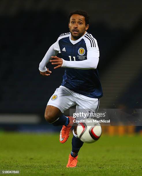 Ikechi Anya of Scotland controls the ball during the International Friendly match between Scotland and Denmark at Hampden Park on March 29, 2016 in...