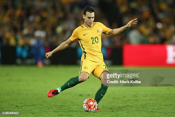 Trent Sainsbury of Australia passes during the 2018 FIFA World Cup Qualification match between the Australian Socceroos and Jordan at Allianz Stadium...