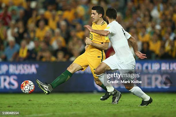 Thomas Rogic of Australia passes during the 2018 FIFA World Cup Qualification match between the Australian Socceroos and Jordan at Allianz Stadium on...