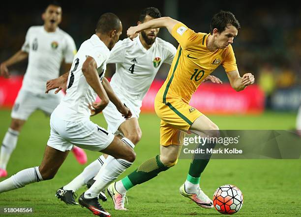 Robbie Kruse of Australia runs the ball during the 2018 FIFA World Cup Qualification match between the Australian Socceroos and Jordan at Allianz...