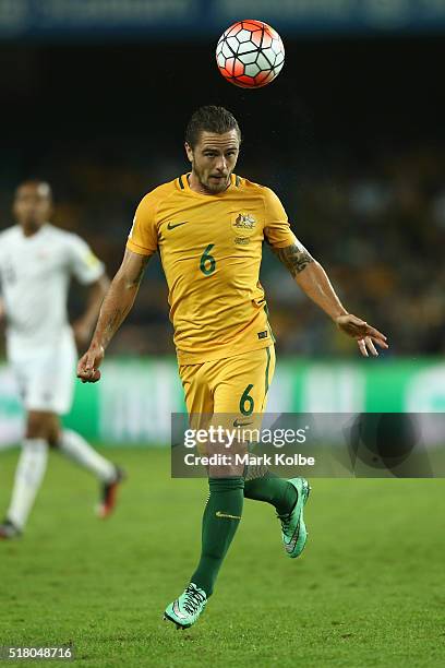 Joshua Risdon of Australia heads the ball during the 2018 FIFA World Cup Qualification match between the Australian Socceroos and Jordan at Allianz...