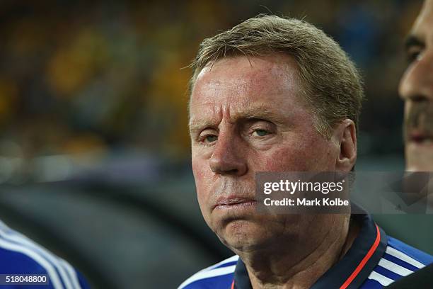 Jordan head coach Harry Redknapp watches on during the national anthems ahead of the 2018 FIFA World Cup Qualification match between the Australian...