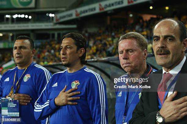 Jordan head coach Harry Redknapp watches on during the national anthems ahead of the 2018 FIFA World Cup Qualification match between the Australian...