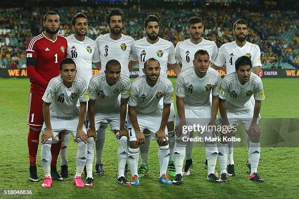 The Jordan team pose for a team photo before the 2018 FIFA World Cup Qualification match between the Australian Socceroos and Jordan at Allianz...