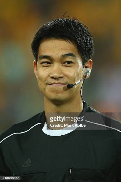 Referee Kim Jong Hyeok looks on during the 2018 FIFA World Cup Qualification match between the Australian Socceroos and Jordan at Allianz Stadium on...
