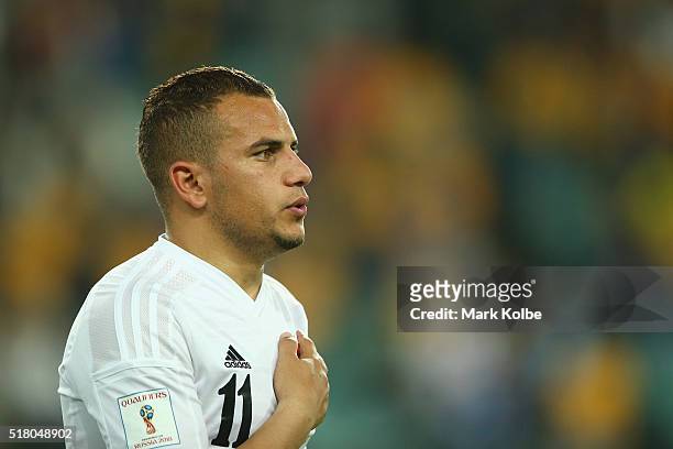 Oday Zahran of Jordan sings the national anthem before the 2018 FIFA World Cup Qualification match between the Australian Socceroos and Jordan at...