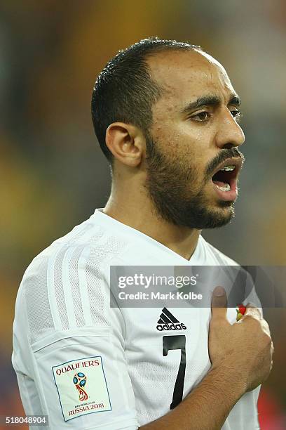 Munther Abu Amarah of Jordan sings the national anthem before the 2018 FIFA World Cup Qualification match between the Australian Socceroos and Jordan...