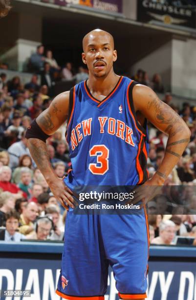 Stephon Marbury of the New York Knicks looks on while facing the Indiana Pacers November 13, 2004 at Conseco Fieldhouse in Indianapolis, Indiana. The...