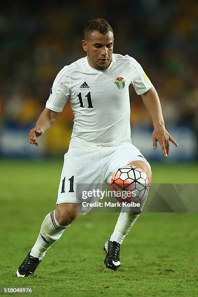 Oday Zahran of Jordan runs the ball during the 2018 FIFA World Cup Qualification match between the Australian Socceroos and Jordan at Allianz Stadium...