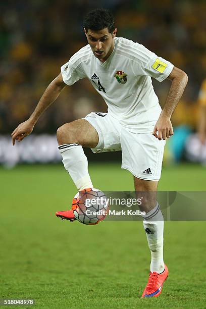 Abdallah Deeb of Jordan controls the ball during the 2018 FIFA World Cup Qualification match between the Australian Socceroos and Jordan at Allianz...