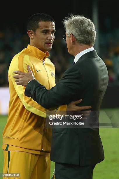 Tim Cahill of Australia embraces Steven Lowy the chairman of Football Federation Australia before kick-off in the 2018 FIFA World Cup Qualification...