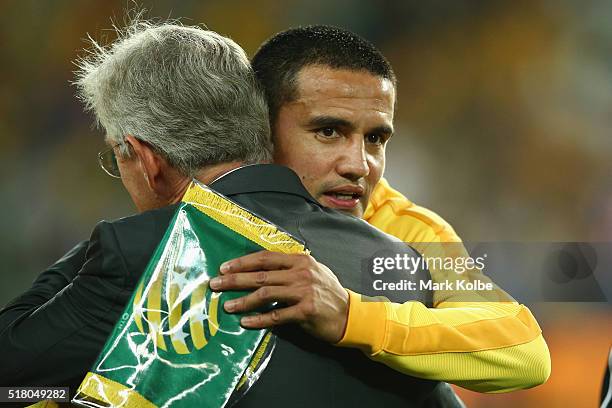 Tim Cahill of Australia embraces Steven Lowy the chairman of Football Federation Australia before kick-off in the 2018 FIFA World Cup Qualification...