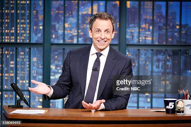 Episode 347 -- Pictured: Host Seth Meyers at his desk on March 29, 2016 --