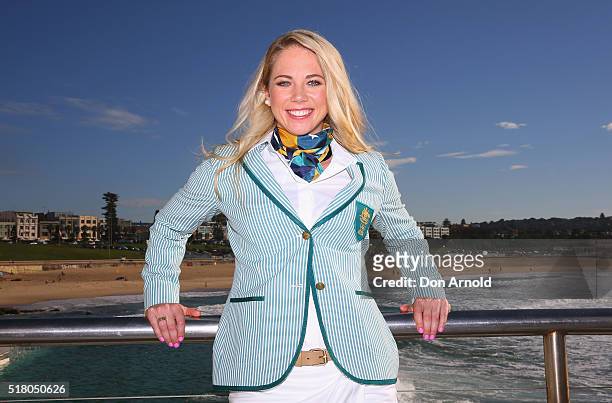 Track cyclist Kaarle McCulloch poses during Sportscraft's 2016 Australian Olympic Team Opening Ceremony uniform launch on March 30, 2016 in Sydney,...
