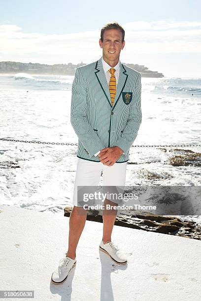 Ken Wallace poses in his Australian opening ceremony uniform during Sportscraft's opening ceremony and formal uniform launch on March 30, 2016 in...