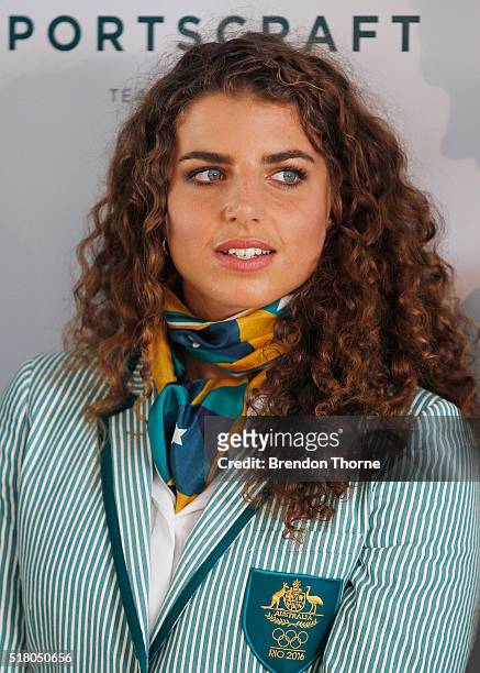 Jessica Fox poses in her Australian opening ceremony uniform during Sportscraft's opening ceremony and formal uniform launch on March 30, 2016 in...