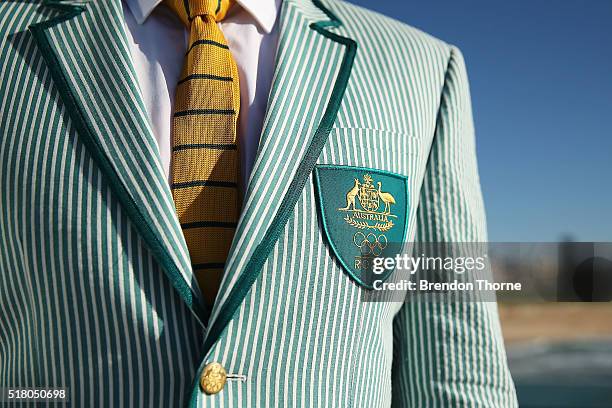 Ken Wallace poses in his Australian opening ceremony uniform during Sportscraft's opening ceremony and formal uniform launch on March 30, 2016 in...