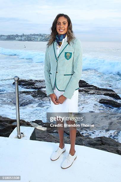 Taliqua Clancy poses in her Australian opening ceremony uniform during Sportscraft's opening ceremony and formal uniform launch on March 30, 2016 in...