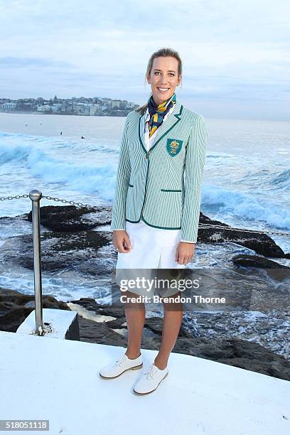 Louise Bawden poses in her Australian opening ceremony uniform during Sportscraft's opening ceremony and formal uniform launch on March 30, 2016 in...