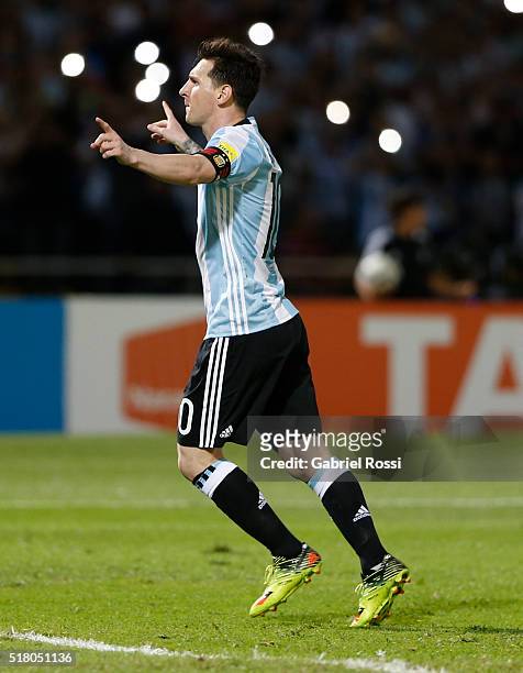 Lionel Messi of Argentina celebrates after scoring the second goal of his team during a match between Argentina and Bolivia as part of FIFA 2018...