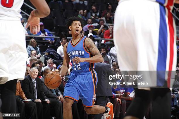 Cameron Payne of the Oklahoma City Thunder defends the ball against the Detroit Pistons during the game on March 29, 2016 at The Palace of Auburn...