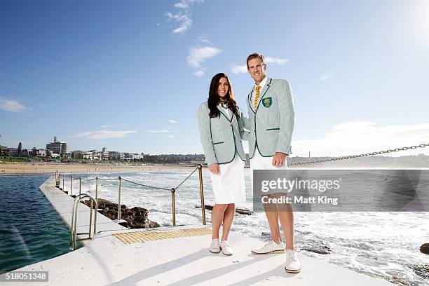 Australian athletes Charlotte Caslick and Ken Wallace pose in the Australian 2016 Rio Olympic Games Opening Ceremony uniform during the Australian...