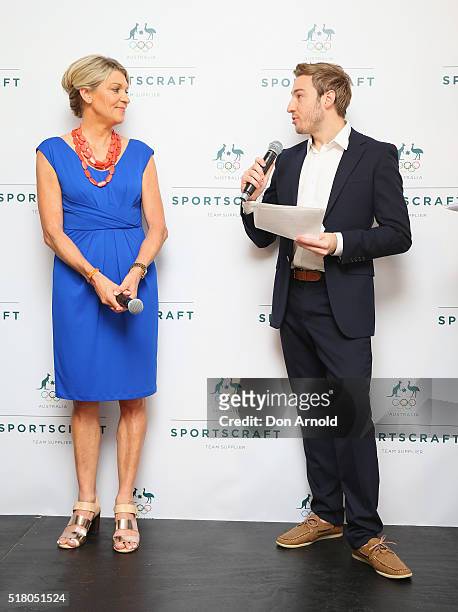 Kitty Chiller talks to Matthew Mitcham during Sportscraft's 2016 Australian Olympic Team Opening Ceremony uniform launch on March 30, 2016 in Sydney,...