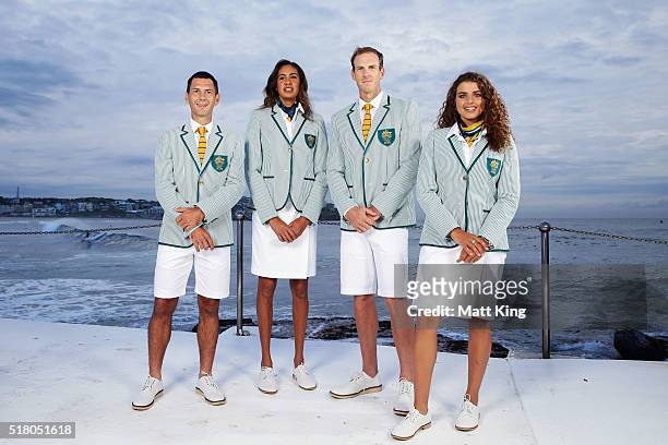 Australian athletes Jamie Dwyer, Taliqua Clancy, Ken Wallace and Jessica Fox pose in the Australian 2016 Rio Olympic Games Opening Ceremony uniform...