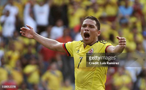 Carlos Bacca of Colombia celebrates after scoring during a match between Colombia and Ecuador as part of FIFA 2018 World Cup Qualifiers at Roberto...
