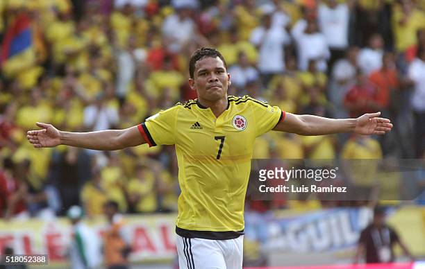Carlos Bacca of Colombia celebrates after scoring during a match between Colombia and Ecuador as part of FIFA 2018 World Cup Qualifiers at Roberto...