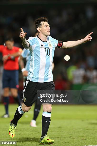 Lionel Messi of Argentina celebrates after scoring the second goal of his team during a match between Argentina and Bolivia as part of FIFA 2018...