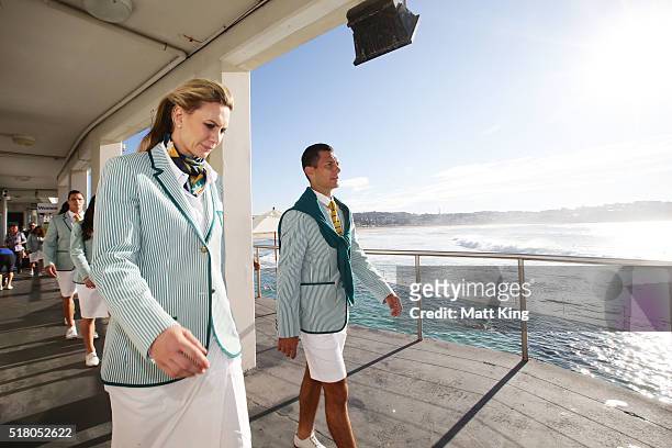 Penny Taylor and Jamie Dwyer take part in the Australian Olympic Games Opening Ceremony Uniform Official Launch at Bondi Icebergs on March 30, 2016...