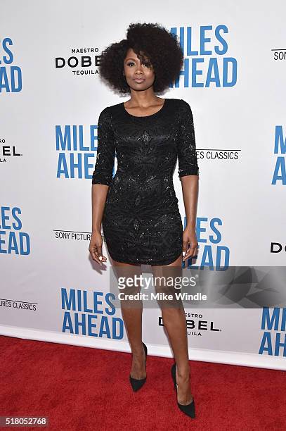 Actress Emayatzy Corinealdi attends the premiere of Sony Pictures Classics' "Miles Ahead" at Writers Guild Theater on March 29, 2016 in Beverly...