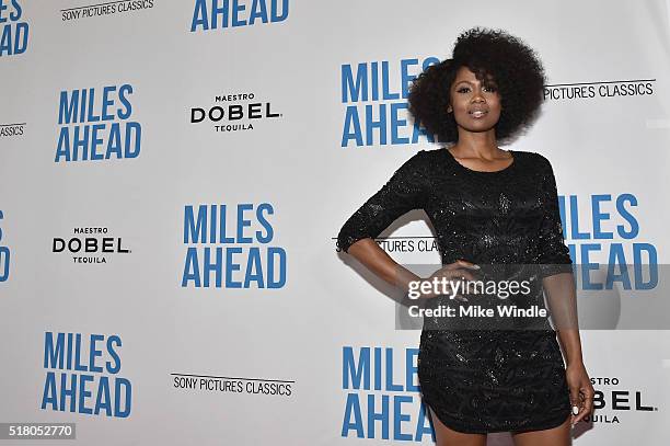 Actress Emayatzy Corinealdi attends the premiere of Sony Pictures Classics' "Miles Ahead" at Writers Guild Theater on March 29, 2016 in Beverly...