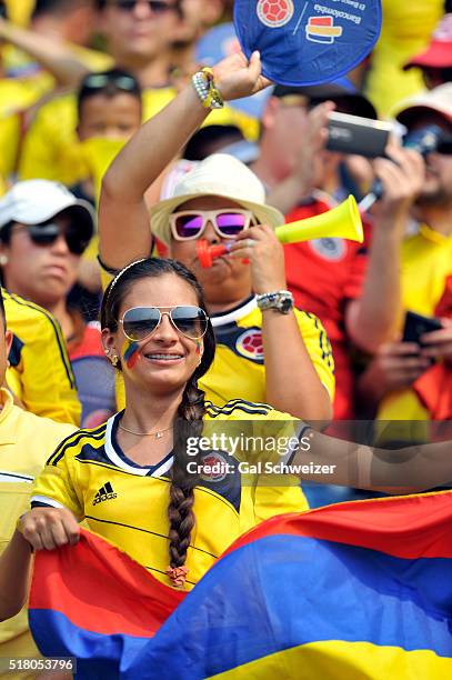 Fan of Colombia cheers for her team prior to a match between Colombia and Ecuador as part of FIFA 2018 World Cup Qualifiers at Roberto Melendez...