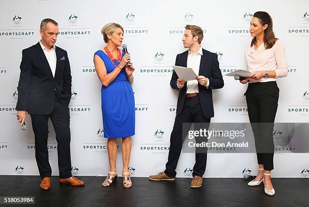 Adrian Jones, Kitty Chiller,Matthew Mitcham and Giaan Rooney address media during Sportscraft's 2016 Australian Olympic Team Opening Ceremony uniform...