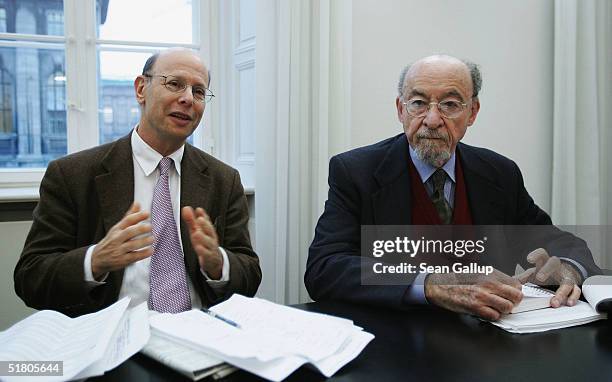 Lawyers Peter Weiss and Michael Ratner of the New York based Center for Constitutional Rights speak at a press conference at the Foreign Journalists'...