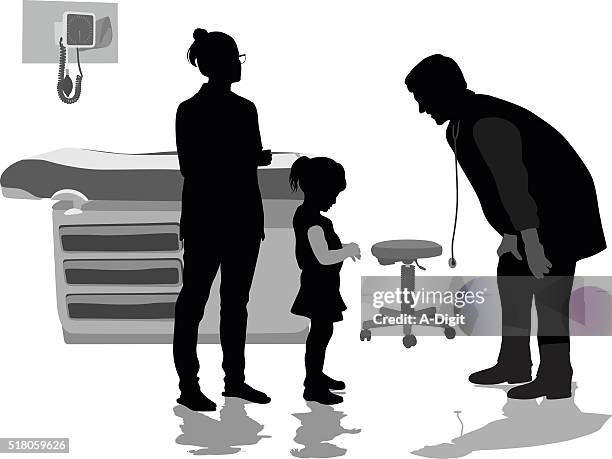 little girl patient telling the pediatrician - black silhouette of doctors stock illustrations