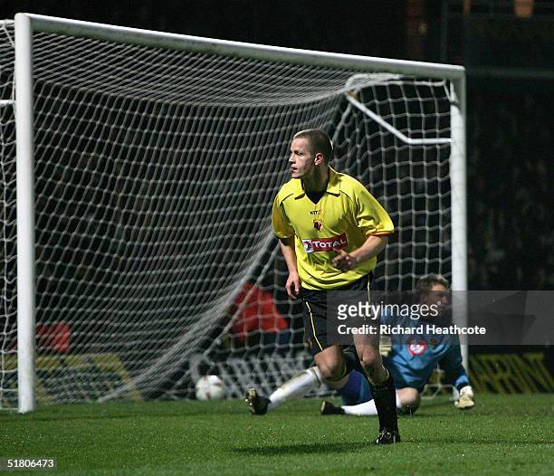 Heidar Helguson of Watford celebrates scoring the second goal during the Carling Cup Quarter final match between Watford and Portsmouth at Vicarage...